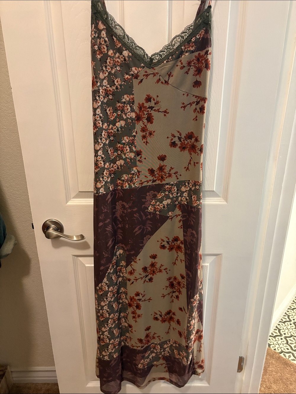 Floral Patchwork Maxi Slip Dress in Olive and Burgundy